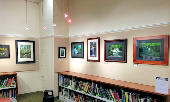 Artwork from the Waterfalls of Connecticut Show hanging at Noah Webster Library
